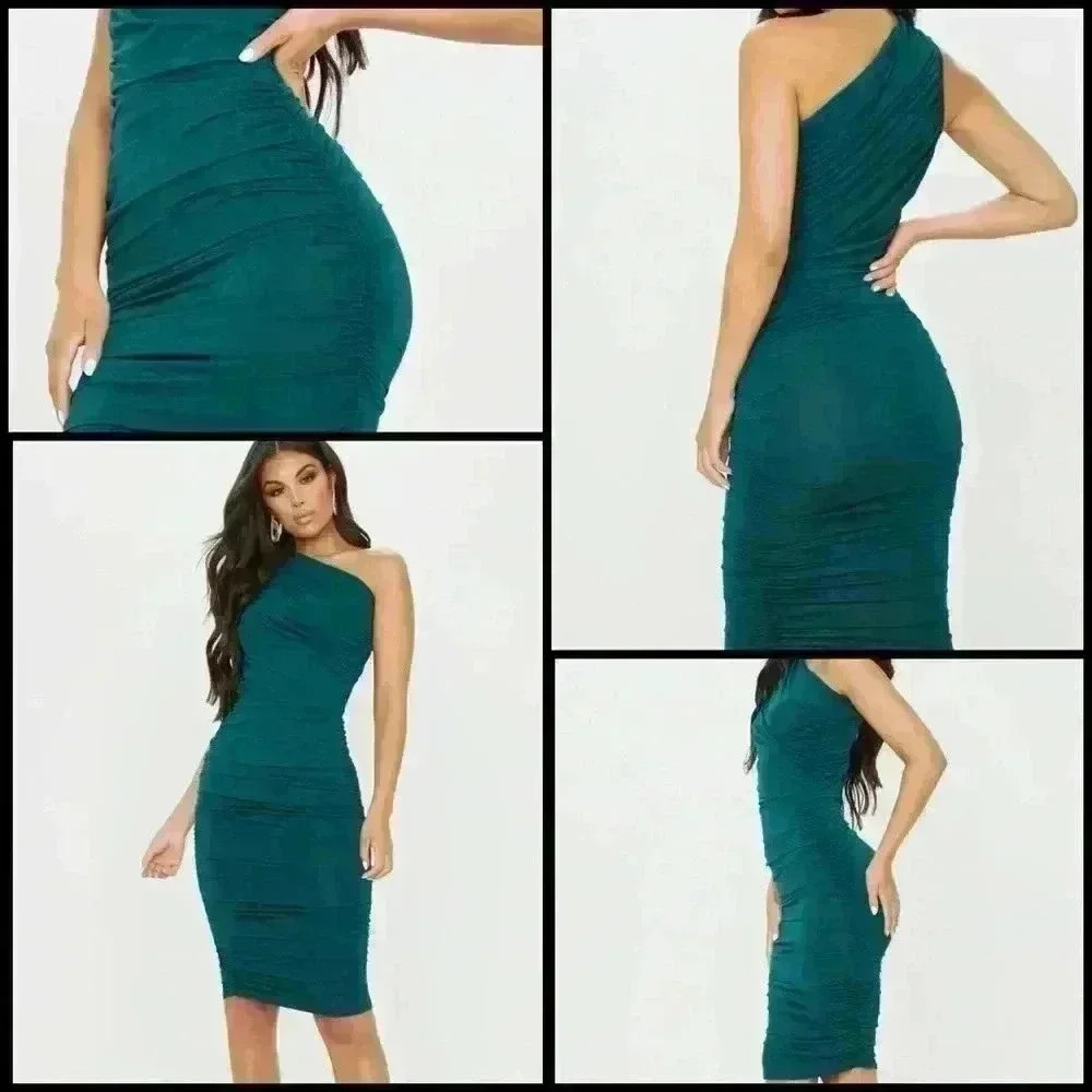 PRETTY LITTLE THING EMERALD GREEN SLINKY ONE SHOULDER RUCHED LONGLINE DRESS 10